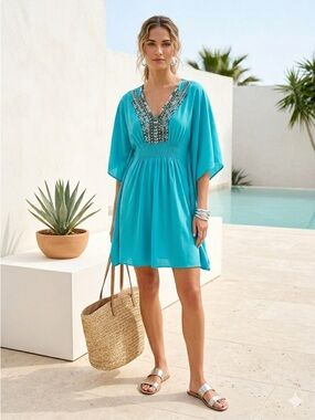Sachin + Babi Turquoise Blue Silk Sequin Embellished Kaftan Coverup Dress - XS